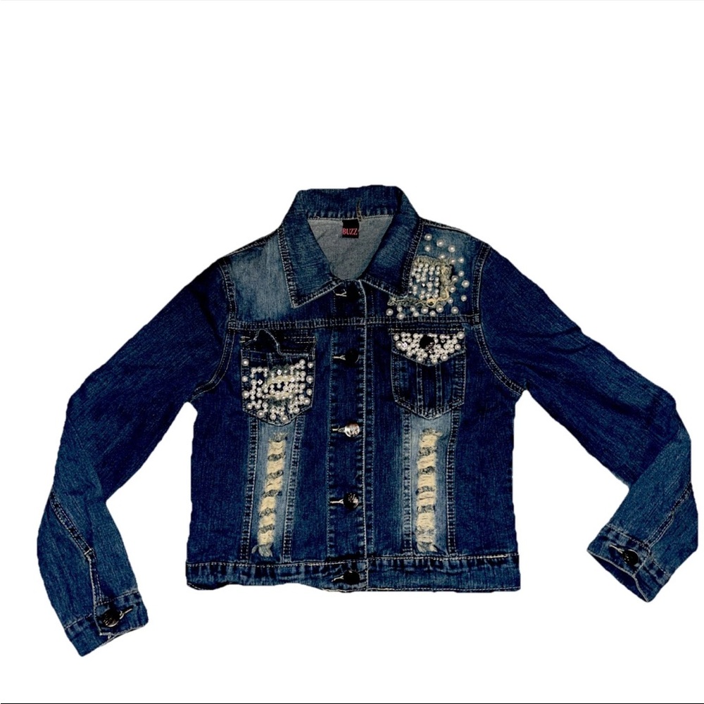 Girls  Buzz Denim  Jean Jacket With Pearl Studs Large Size